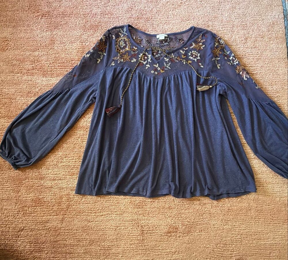 Sundance Embroidered Mesh Boho Tunic Top Size M Blue Balloon Sleeve
